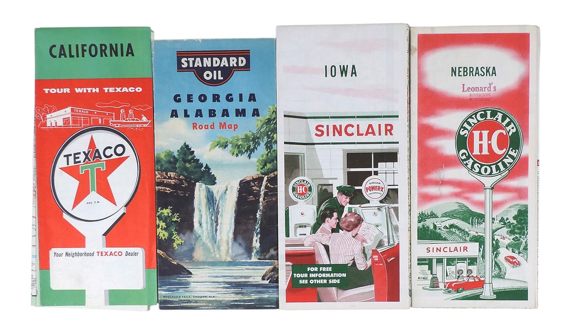 Petroliana Road Maps (4), Sinclair-Iowa-1950s, Sinclair Gasoline-Nebraska-1950s, Texaco-Californi...: Petroliana Road Maps (4), Sinclair-Iowa-1950s, Sinclair Gasoline-Nebraska-1950s, Texaco-California-1950s & Standard Oil-Georgia-1950s, Exc cond, H 9 in. 