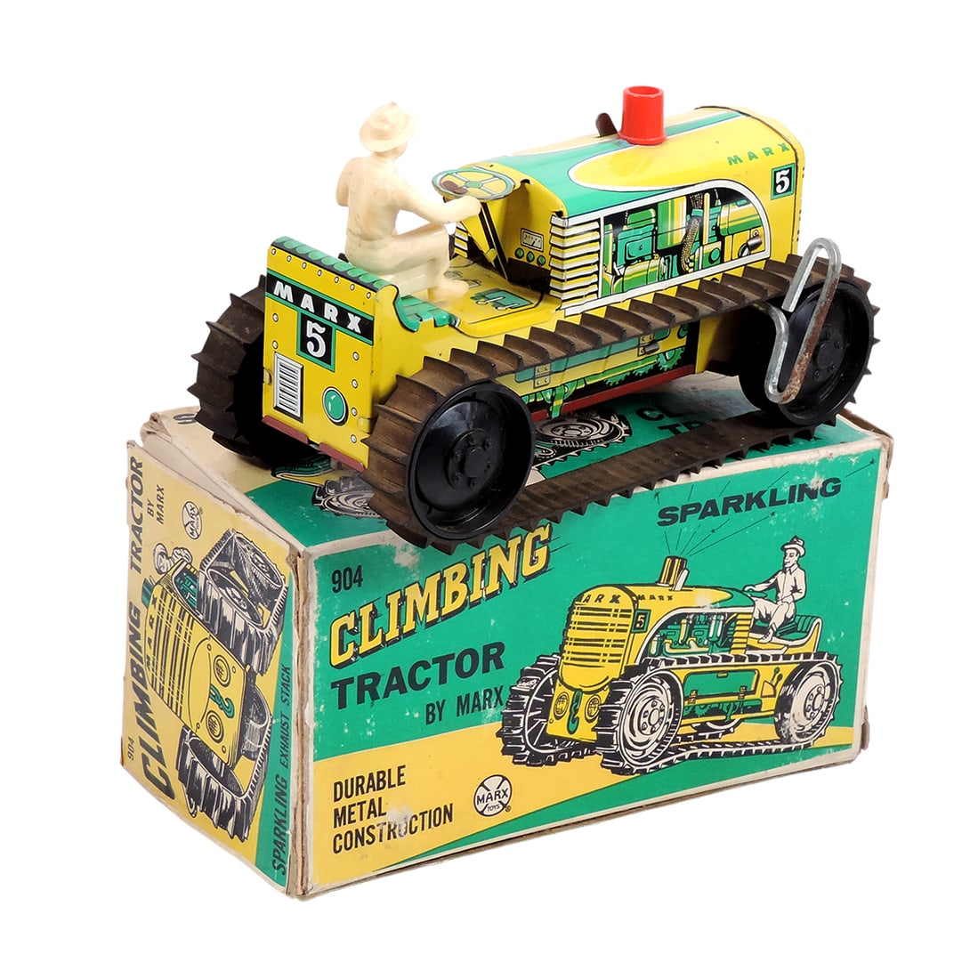 Toy Tractor, Sparking Climbing Tractor by Louis Marx, 904 w/key & orig box, metal/litho on tin w... - 2