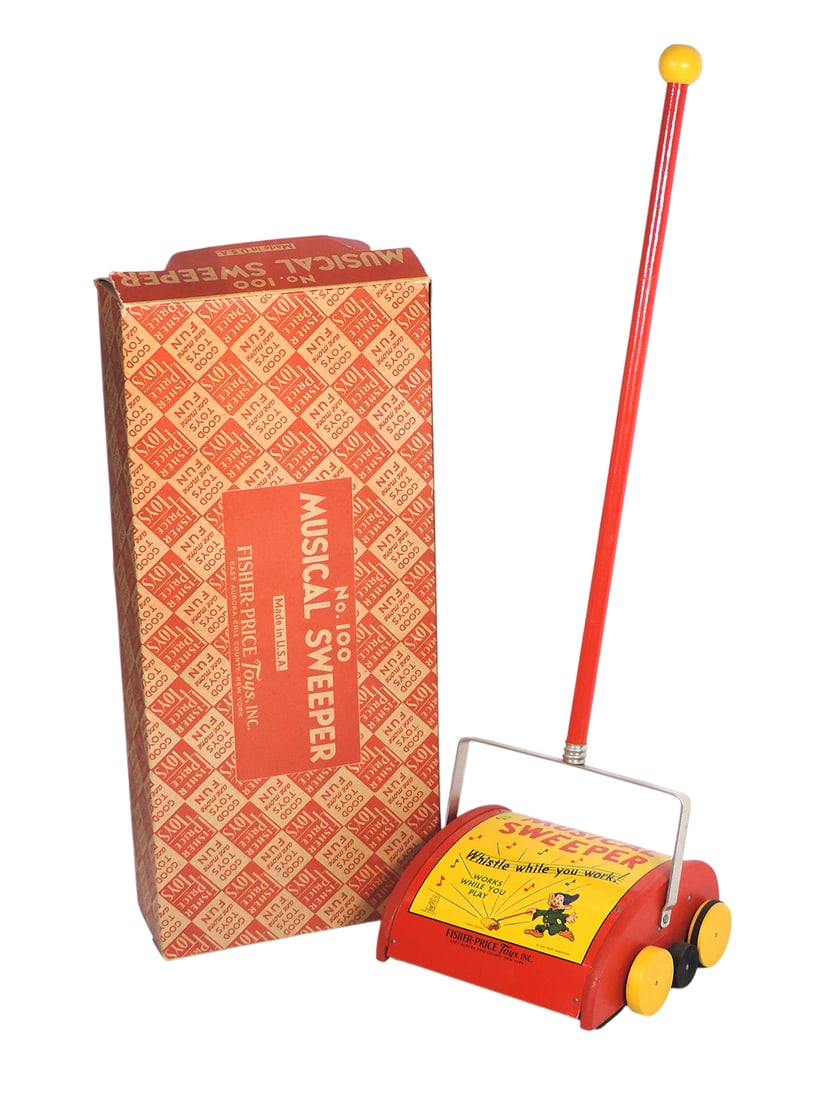 Toy Musical Sweeper, Whistle while you work!, Fisher-Price Toys, Inc., East Aurora, Eire County, ...: Toy Musical Sweeper, Whistle while you work!, Fisher-Price Toys, Inc., East Aurora, Eire County, New York-USA, working mechanisms, Made in USA, ©Walt Disney Productions, orig box, c.mid 1900s, Ex