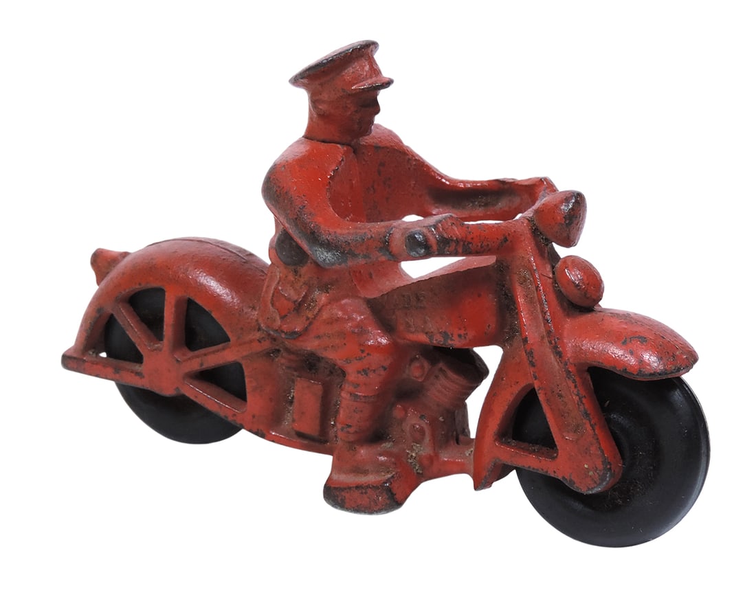Toy Motorcycle, Hubley Policeman Motorcycle, cast iron, rubber tires spine freely/no cracks, embo...: Toy Motorcycle, Hubley Policeman Motorcycle, cast iron, rubber tires spine freely/no cracks, embossed Made in USA, c.1930s, Exc cond w/minor paint loss, H 2.5 x W 4 in. 