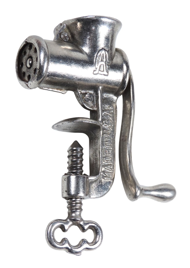 Salesman Sample Meat Grinder, embossed Made in USA, nickel-plated cast iron, c. early 1900s, Exc ...: Salesman Sample Meat Grinder, embossed Made in USA, nickel-plated cast iron, c. early 1900s, Exc cond w/slight tarnish (zoom photos for details), H 5 in. 