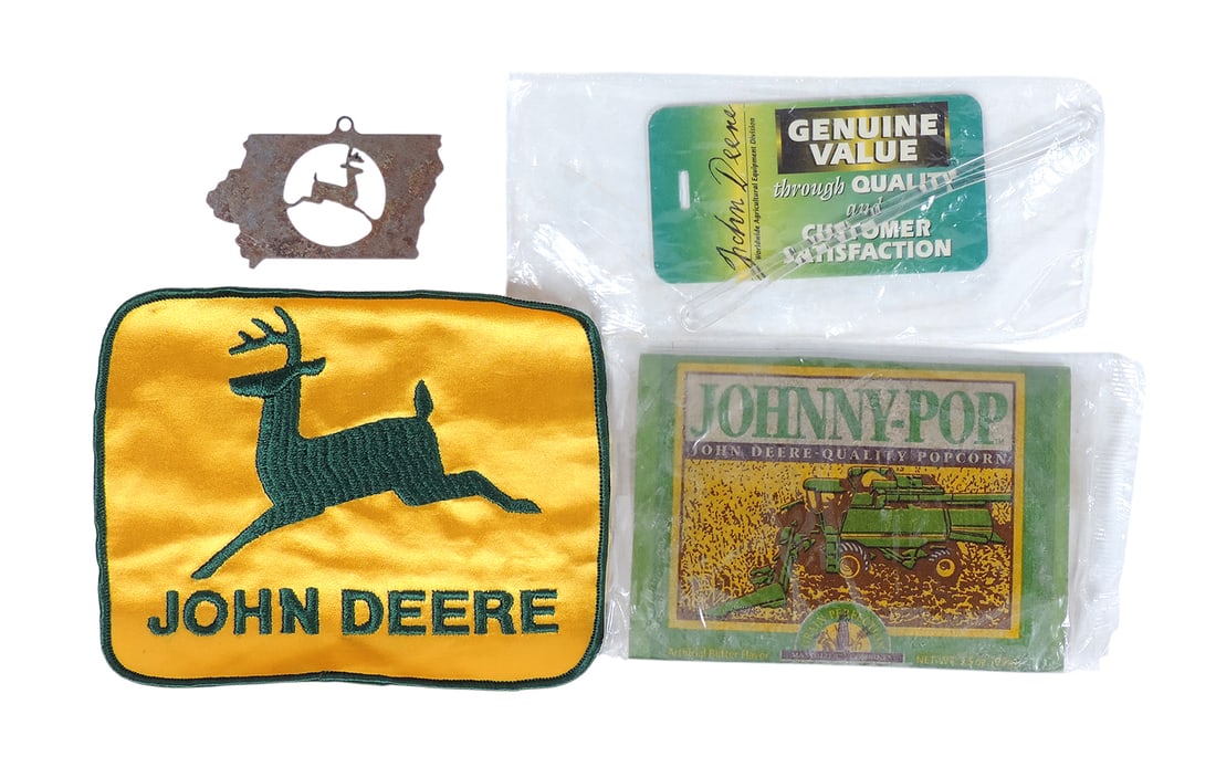 John Deere Items (4), Johnny-Pop Popcorn, Metal Ornament, NOS Name Tag & Embroidered Patch, c.mid...: John Deere Items (4), Johnny-Pop Popcorn, Metal Ornament, NOS Name Tag & Embroidered Patch, c.mid-early 1900s, up to W 6.5 in. 