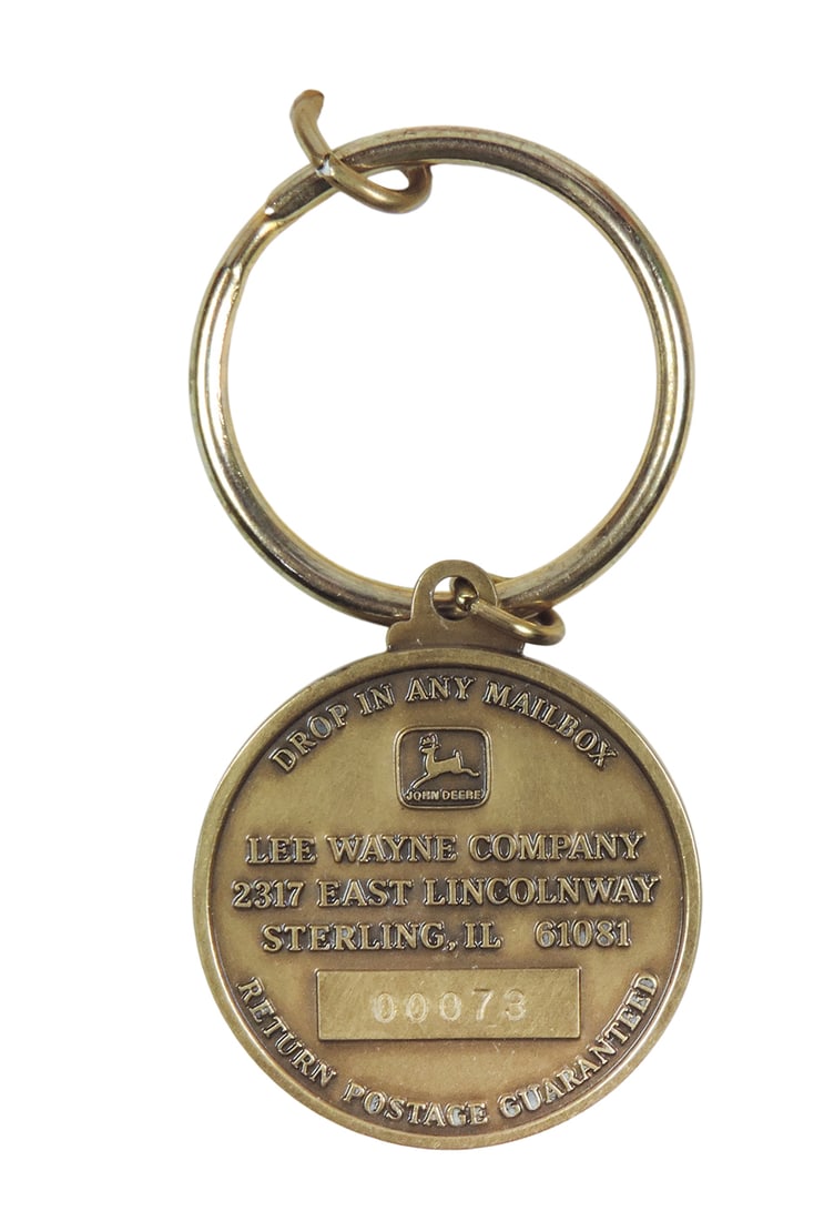 John Deere Registered Key Tag, Lee Wayne Company, 00073, NOS, c.mid 1900s, Exc cond, H 5.5 in. - 2