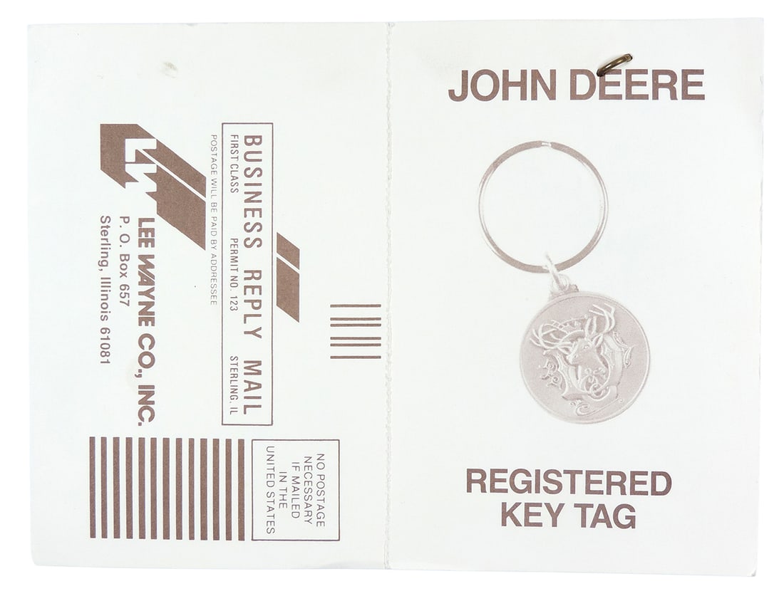 John Deere Registered Key Tag, Lee Wayne Company, 00073, NOS, c.mid 1900s, Exc cond, H 5.5 in. - 3