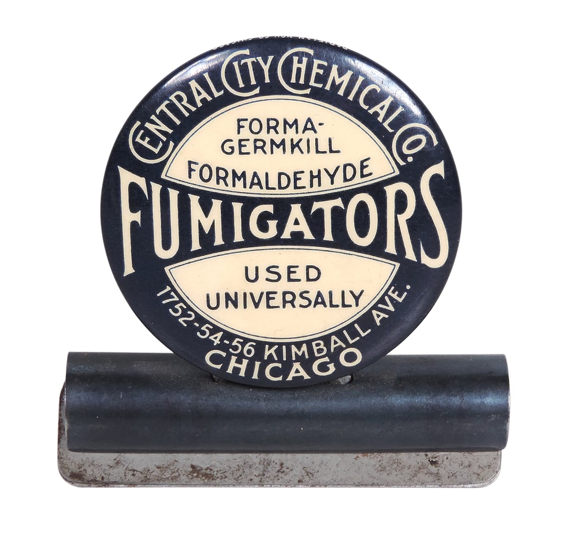 Bulldog Clip, Advertising Central City Chemical Co., Fumigators, Chicago, metal & celluloid, c. mid: Bulldog Clip, Advertising Central City Chemical Co., Fumigators, Chicago, metal & celluloid, c. mid 1900s, Exc cond w/slight corrosion (zoom photos for details), H 2.5 x W 2.25 in. 