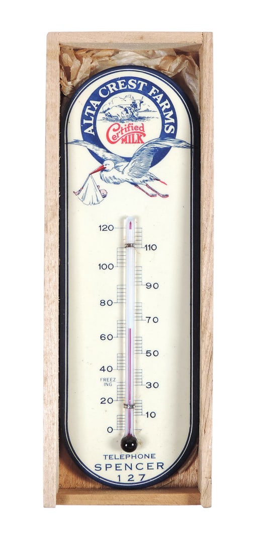Dairy Thermometer, Advertising Alta Cress Farms, Spencer, Iowa, Dairy Farm, orig wooden box, cell...: Dairy Thermometer, Advertising Alta Cress Farms, Spencer, Iowa, Dairy Farm, orig wooden box, celluloid over wood, c.1930s, NOS, L 7 in. 