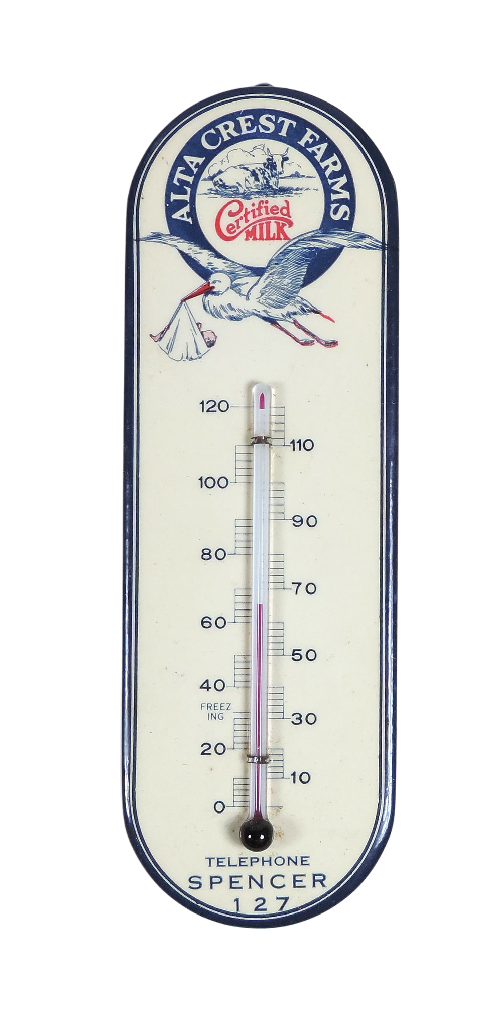 Dairy Thermometer, Advertising Alta Cress Farms, Spencer, Iowa, Dairy Farm, orig wooden box, cell... - 2