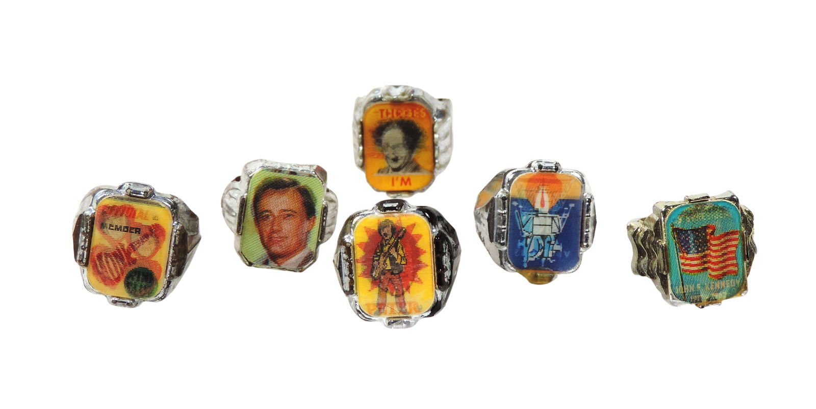 Toy Flicker Rings (6), John F Kennedy, Peter-The Monkeys, The Monkeys, Larry-Three Stooges, Apoll... - 2