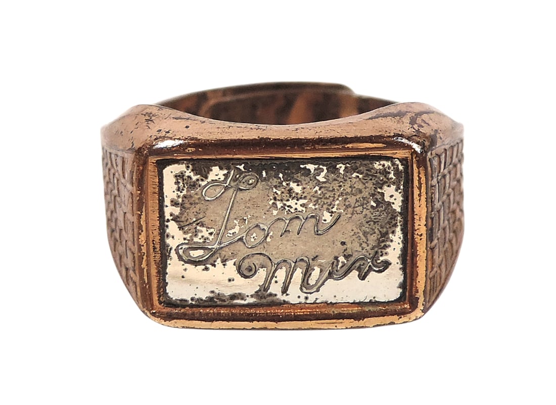 Toy Ring, Tom Mix Sterling Silver Signature Ring, Premium by Ralston Purina in 1942, gold-plated ... - 2