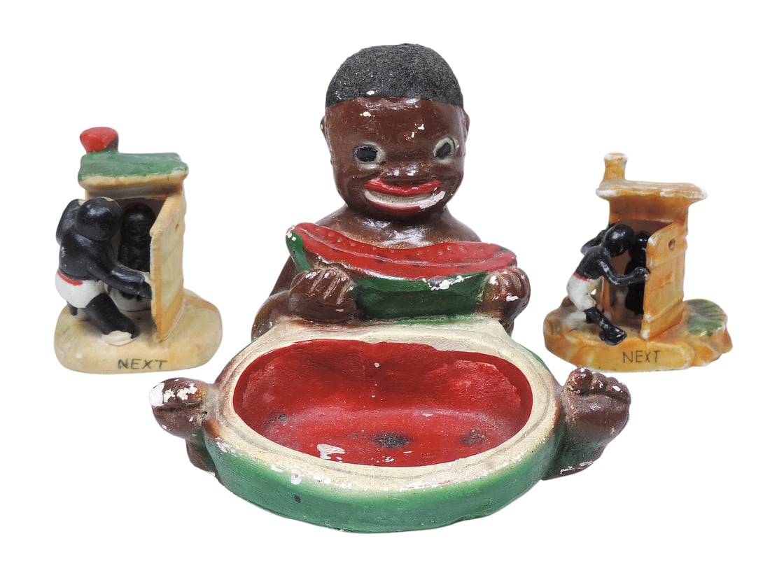 Black Americana Novelties (3),(2) bisque figures-Outhouse 'Next' & boy eating watermellon cha... (1 of 2)