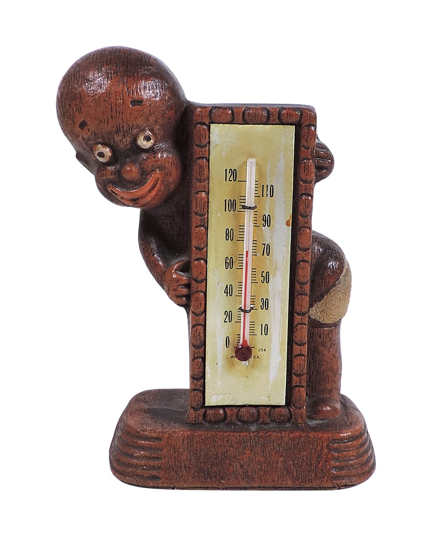 Black Americana Thermometer, Diaper Dan, heavy wood composition, working mechanisms, slight yello...: Black Americana Thermometer, Diaper Dan, heavy wood composition, working mechanisms, slight yellowing to thermometer face, Exc cond, up to H 5.5 in. 