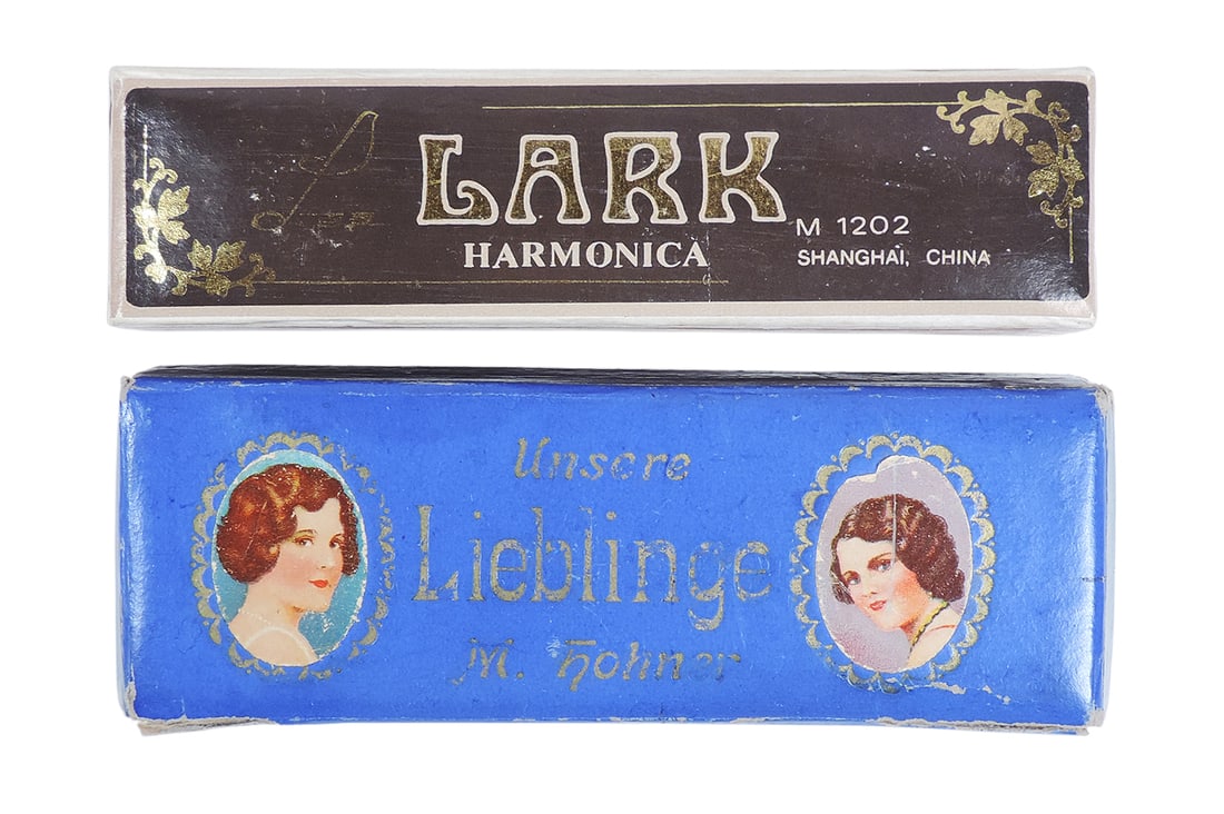 Harmonicas (2), Unsere Liebling (German), M. Hohner & Lark, M 1202, Shanghai, China, wood/steel, ... - 2