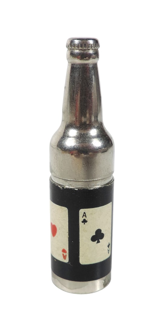 Cigarette Lighter, 4 Aces Playing Cards, miniature bottle w/paper label, embossed PAT APPLIED FOR... - 2