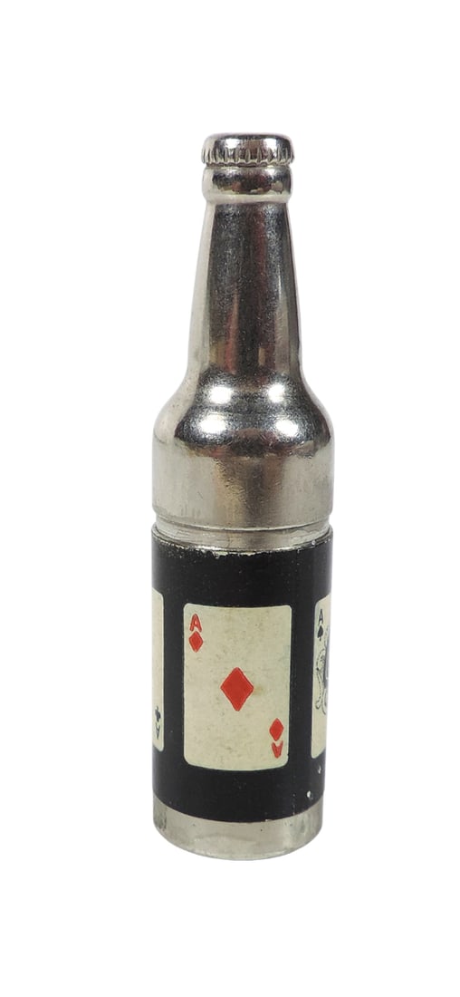 Cigarette Lighter, 4 Aces Playing Cards, miniature bottle w/paper label, embossed PAT APPLIED FOR... - 3