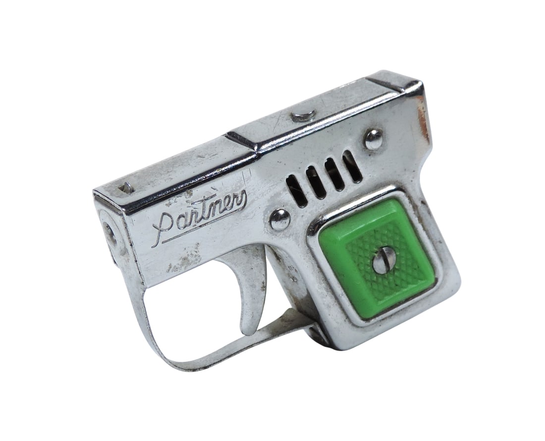 Cigarette Lighter, PARTNER Pistol-Shaped Lighter, stamped nickel-plated sheet steel w/green plastic - 2