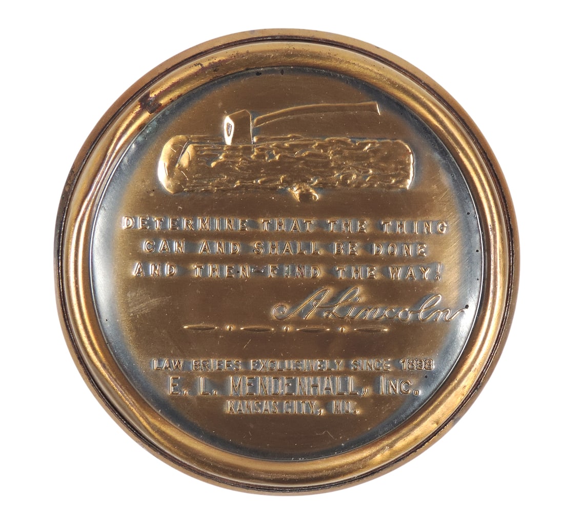 Abraham Lincoln Paperweight Medal, E.L. Mendenhall, Kansas City, MO Law Briefs, bronze shell w/high - 2