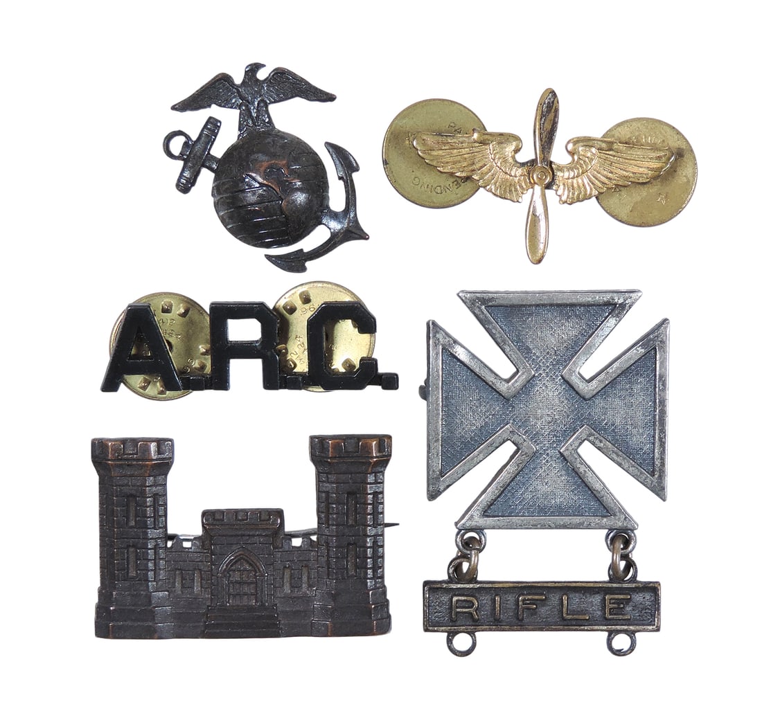 Military Lapel Pins (5), United State Marine Corps (USMC) Eagle/Globe/Anchor (EGA), American Red ...: Military Lapel Pins (5), United State Marine Corps (USMC) Eagle/Globe/Anchor (EGA), American Red Cross (ARC), Army Air Forces (USAAF), Army Marksman Qualification & US Army Corps of Engineers (USACE)