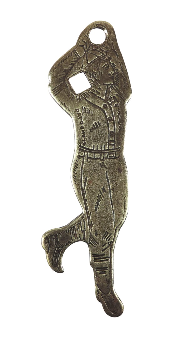 Coca-Cola Baseball Player Bottle Opener/Key Fob, embossed diecut baseball player advertising Canton (1 of 2)