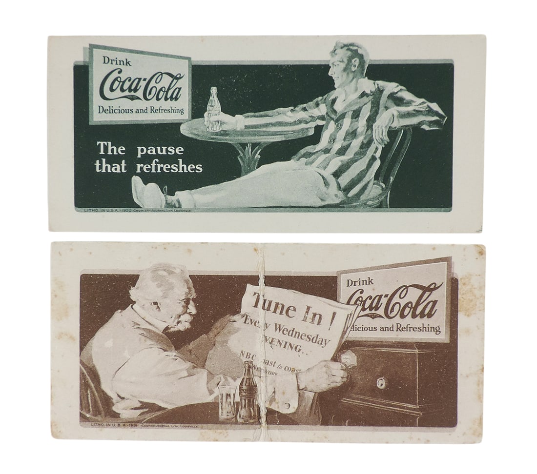Coca-Cola Blotters (2), for Bottle Sales, c.1930 & 1931, "The pause that refreshes", "Tune In! Ev...: Coca-Cola Blotters (2), for Bottle Sales, c.1930 & 1931, "The pause that refreshes", "Tune In! Every Wednesday Evening NBC Coast to Coast Network", Coca-Cola Trade Mark REG U.S. PAT OFF, litho in