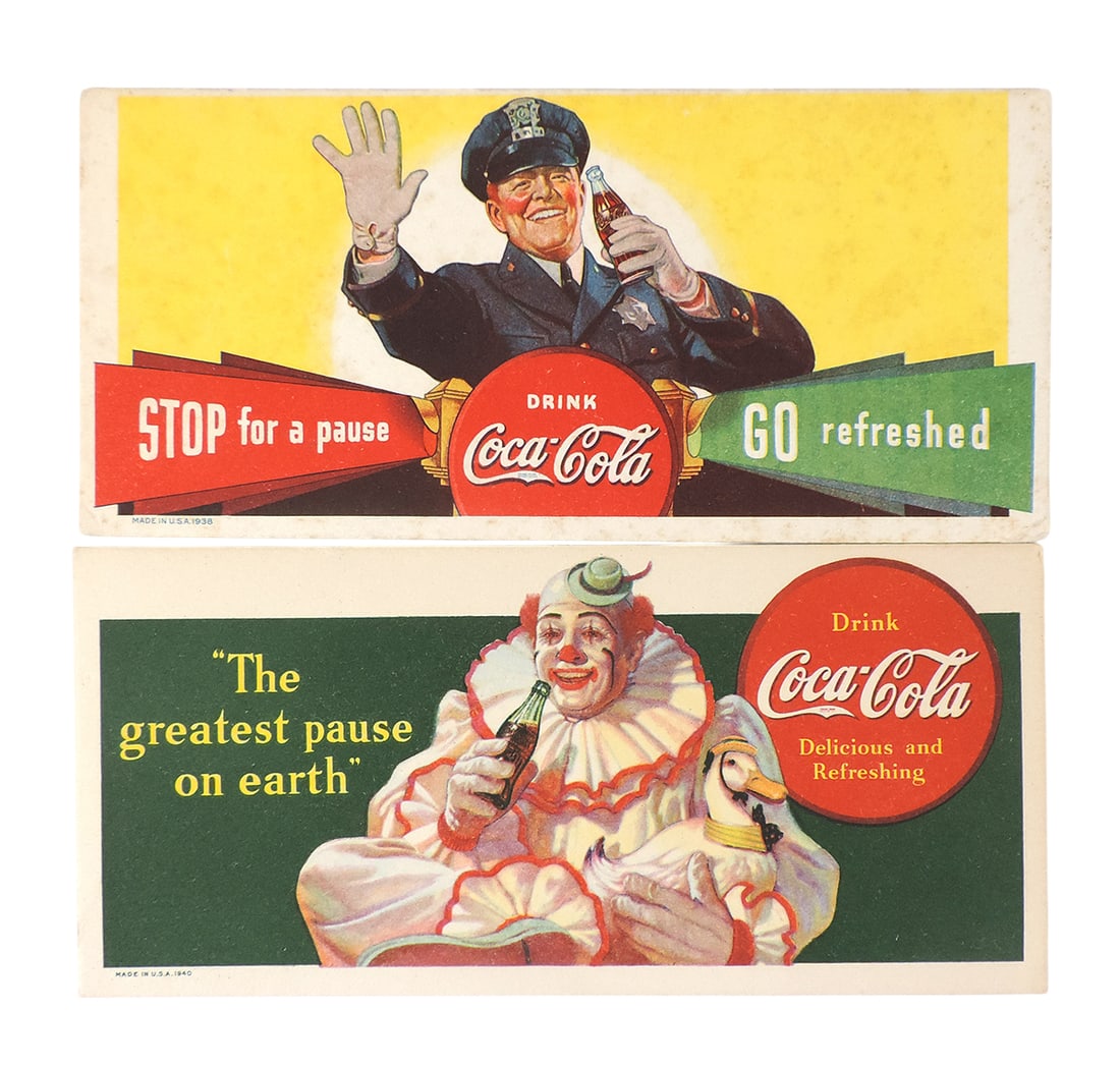 Coca-Cola Blotters (2), for Bottle Sales, c.1930-1940s, "The greatest pause on earth", "Stop for ... (1 of 1)
