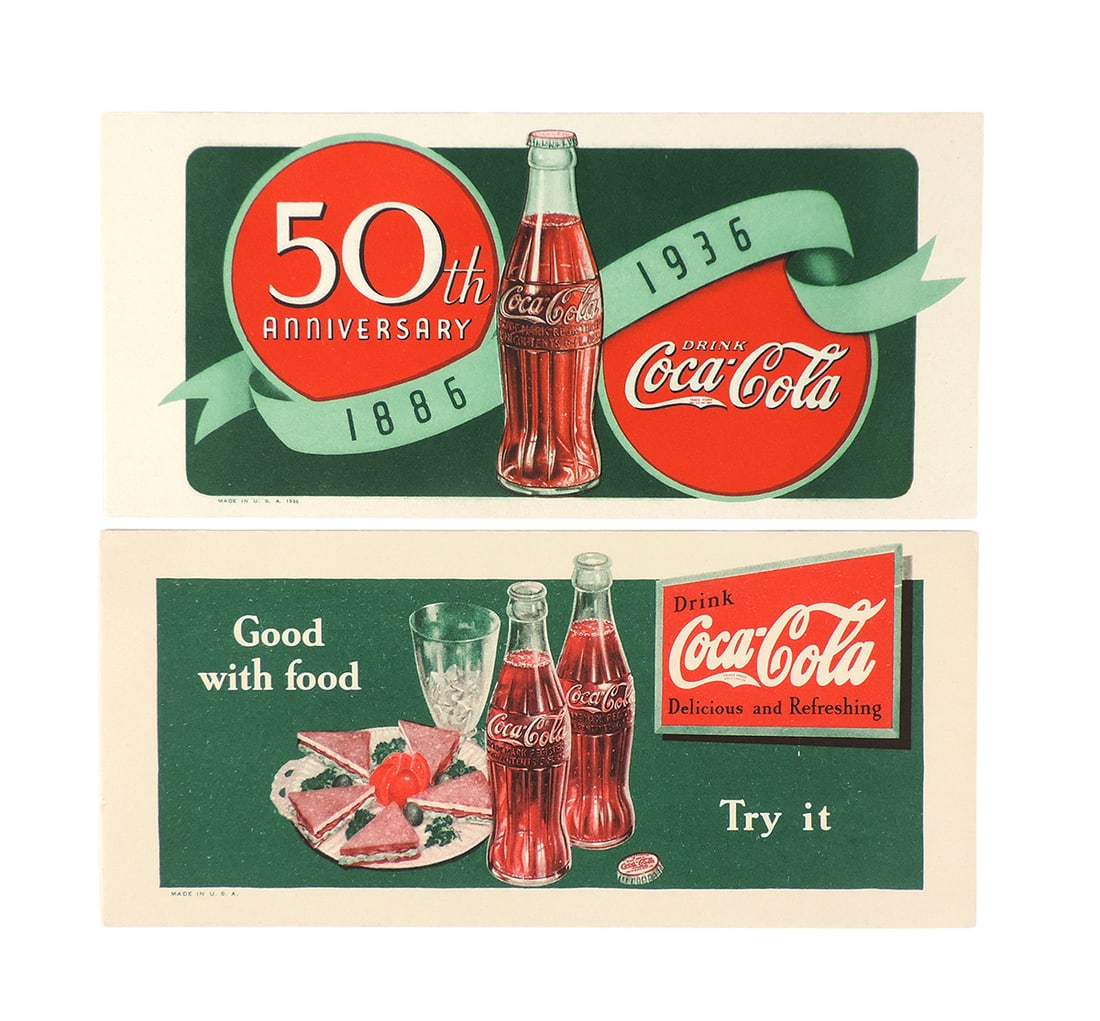 Coca-Cola Blotters (2), for Bottle Sales, c.1930s, "Good with food', "50th Anniversary 1886-1936"... (1 of 1)