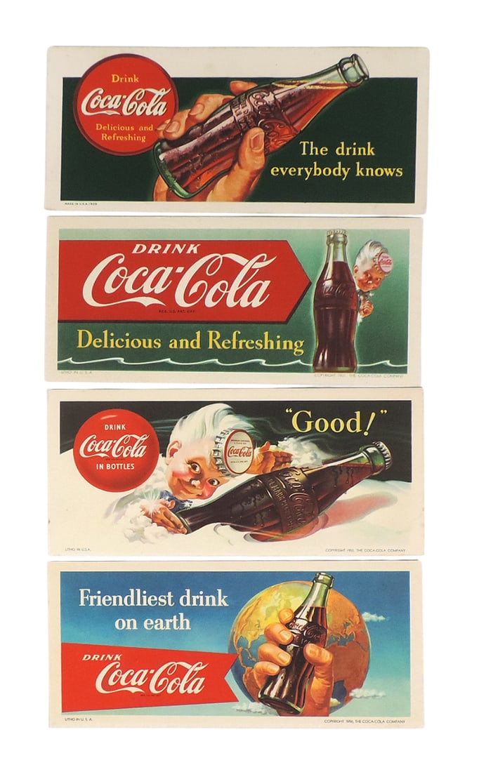Coca-Cola Blotters (4), for Bottle Sales, c.1939, 1956, 1953, 1951, "Friendliest drink on earth",... (1 of 1)