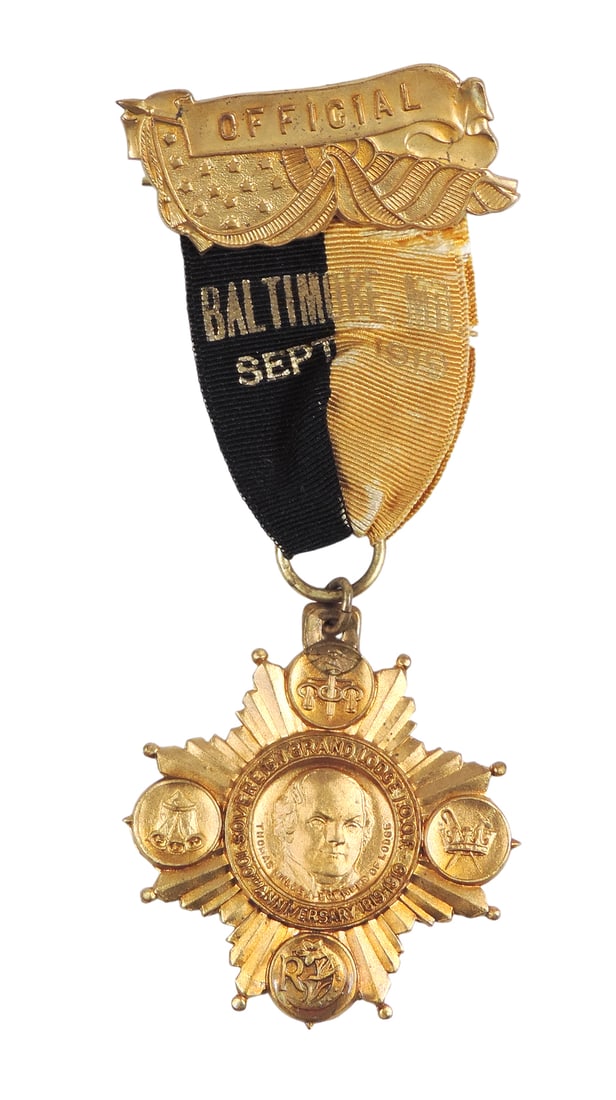 Fraternal Sovereign Grand Lodge I.O.O.F. (Independent Order of Odd Fellows), Official Badge/Metal...: Fraternal Sovereign Grand Lodge I.O.O.F. (Independent Order of Odd Fellows), Official Badge/Metal, Baltimore, MD, Sept 1919, 100th Anniversary 1819-1919, Thomas Wilde Founder of Lodge, c. early