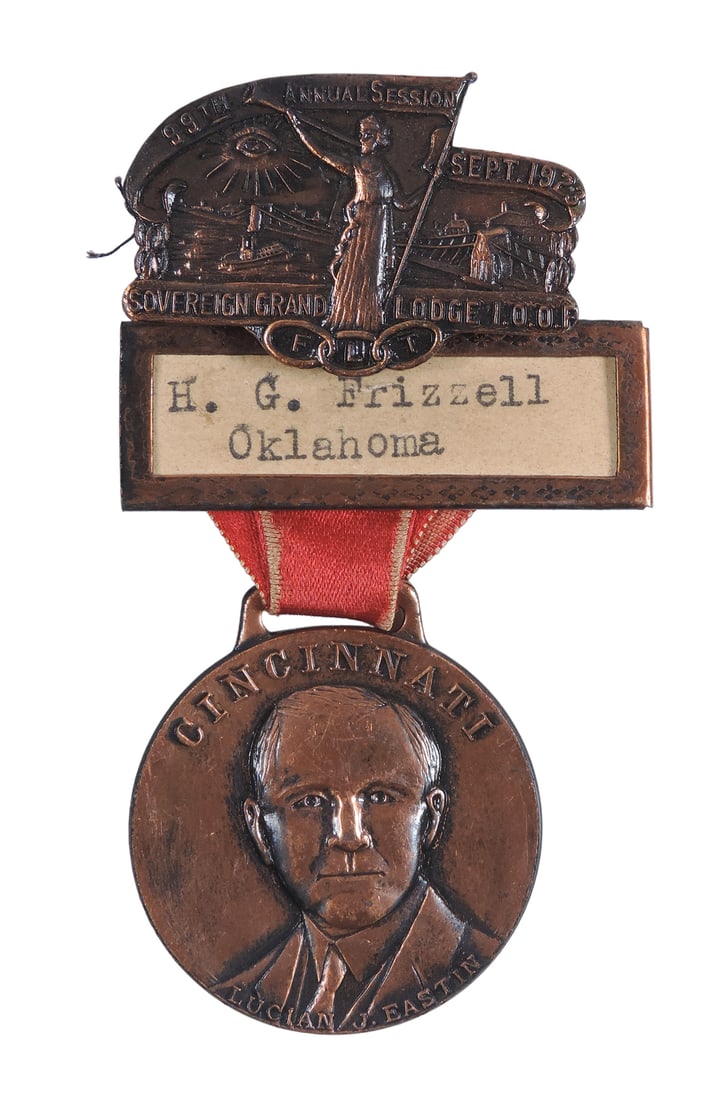 Fraternal I.O.O.F. (Independent Order of Odd Fellows) Badge, Sovereign Grand Lodge, FLT, 99th Ann...: Fraternal I.O.O.F. (Independent Order of Odd Fellows) Badge, Sovereign Grand Lodge, FLT, 99th Annual Session, Sept, 1923, H.G. Frizzell, Oklahoma, Cincinnati, Lucian J. Eastin, metal/celluloid, c.