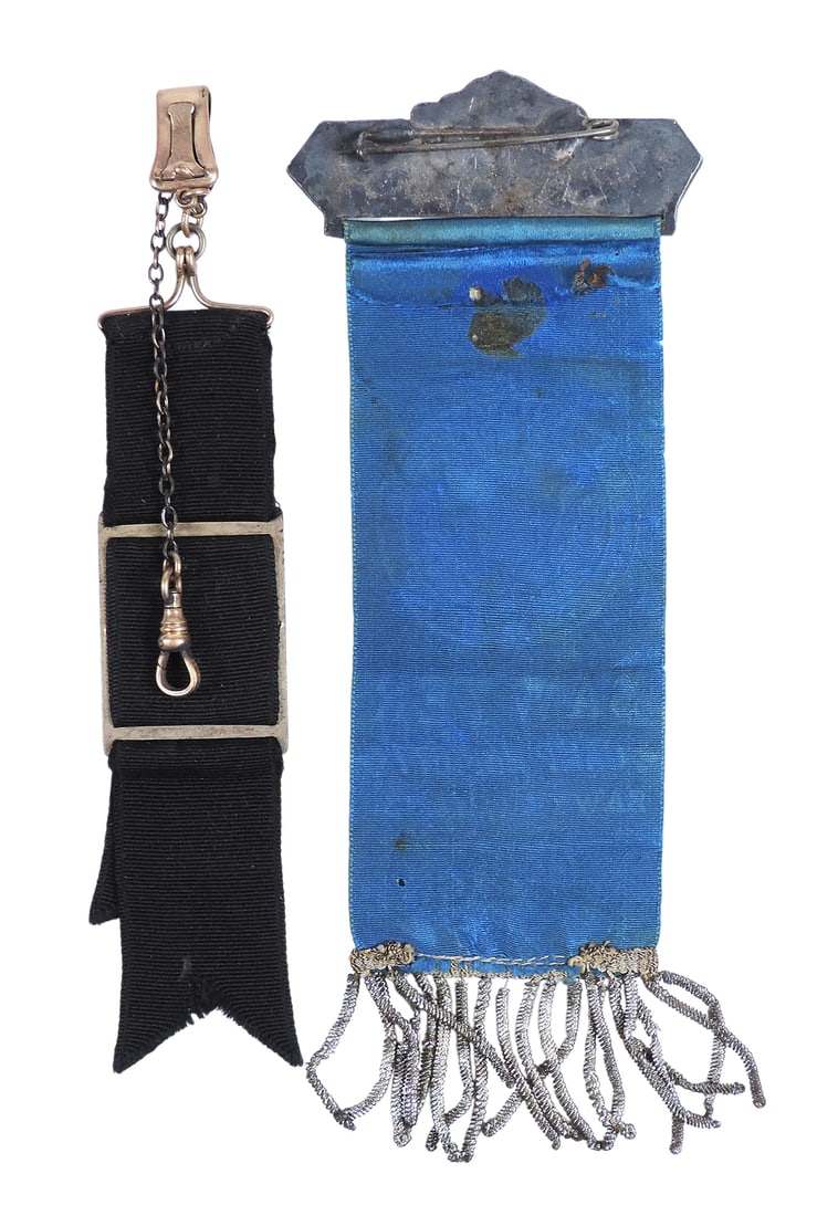 Commemorative Modern Woodmen of America M.W.A. Badge/Ribbon (2), enamel crest, small chain/clasp ... - 2