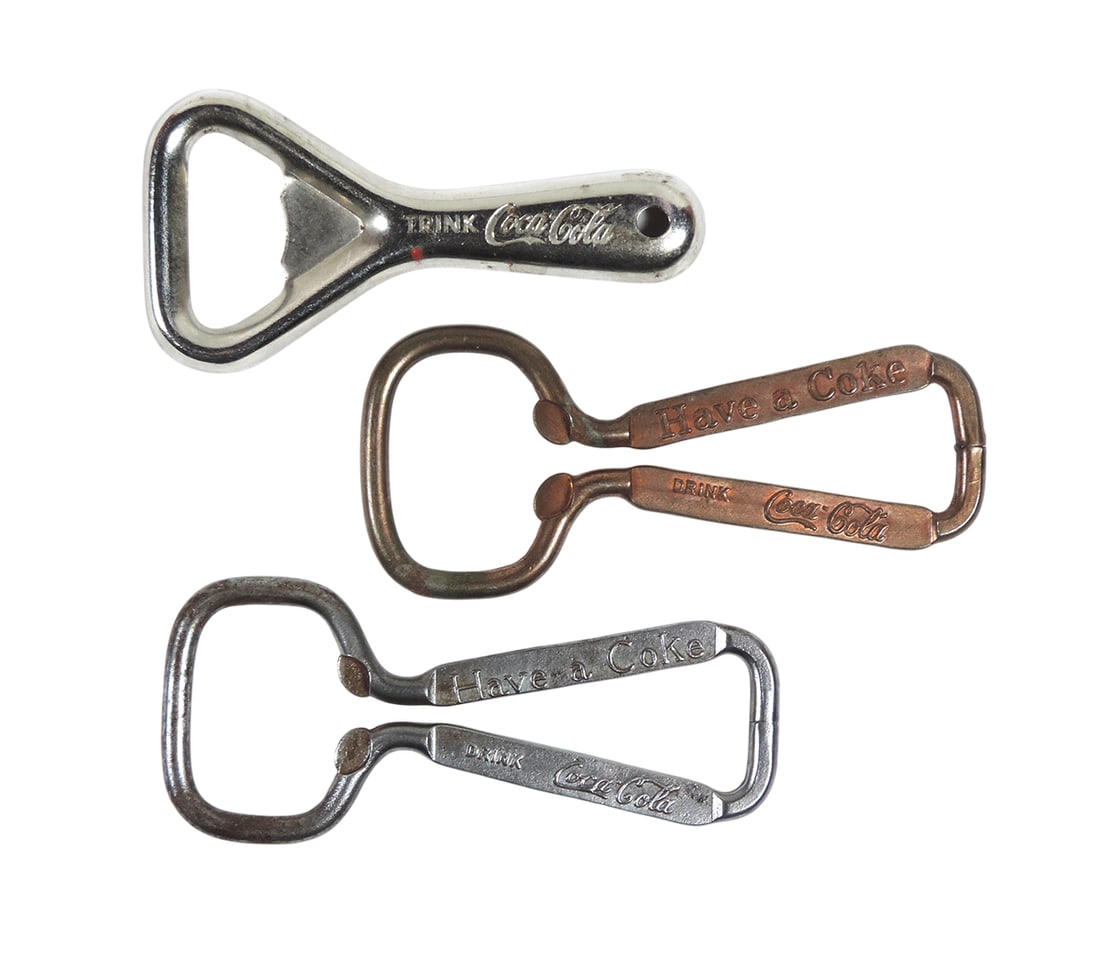 Coca-Cola Bottle Openers (3), embossed Drink Coca-Cola & Have a Coke Drink Coca-Cola, metal, c. mid: Coca-Cola Bottle Openers (3), embossed Drink Coca-Cola & Have a Coke Drink Coca-Cola, metal, c. mid 1900s, Exc cond w/slight oxidation, up to L 3.5 in.