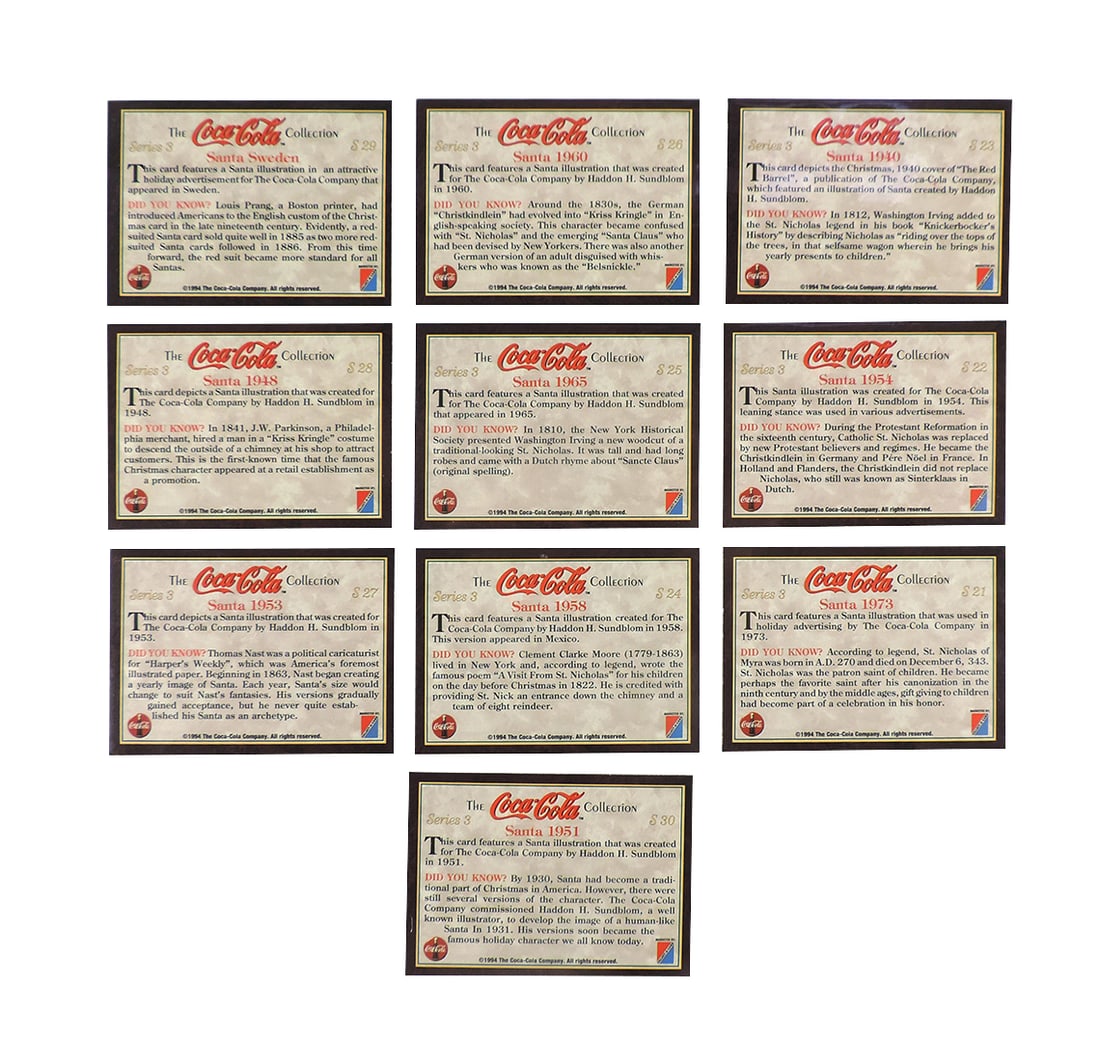 Coca-Cola Collector Cards (10), c.1994, complete set of Series 3, S21-S30, each card features a S... - 2