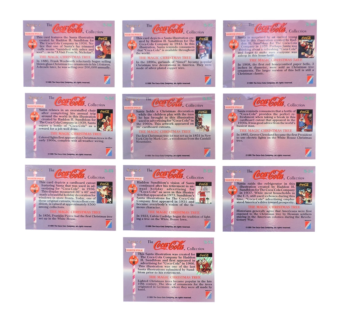 Coca-Cola Collector Cards (10), c.1995, complete set of Series 4, S34-S31 each card features a Sa... - 2