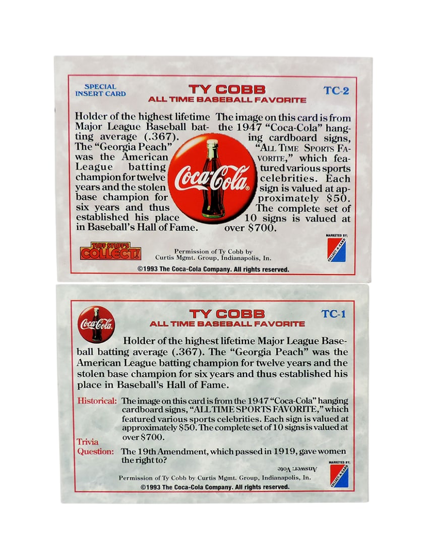 Coca-Cola Ty Cobb Collector Cards, c.1993, complete set of Series 2, TC1-TC2, TC2 Special Insert ... - 2