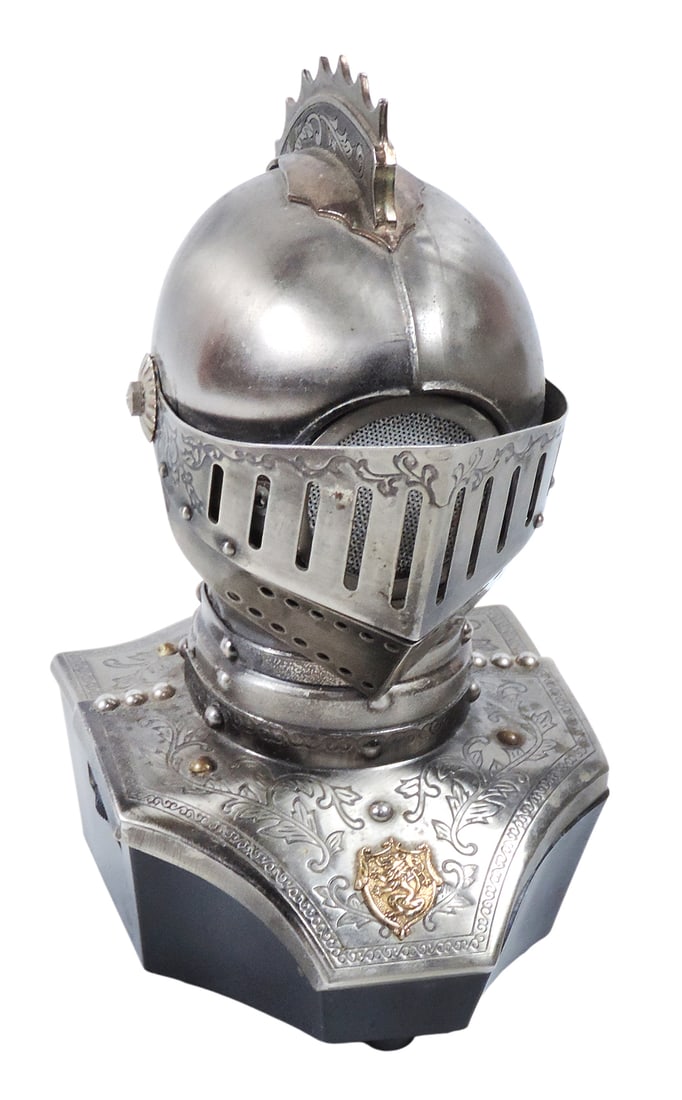 Transistor Radio Knight Helmet, AM band radio w/9v battery, working cond, hinged visor/face guard... - 4