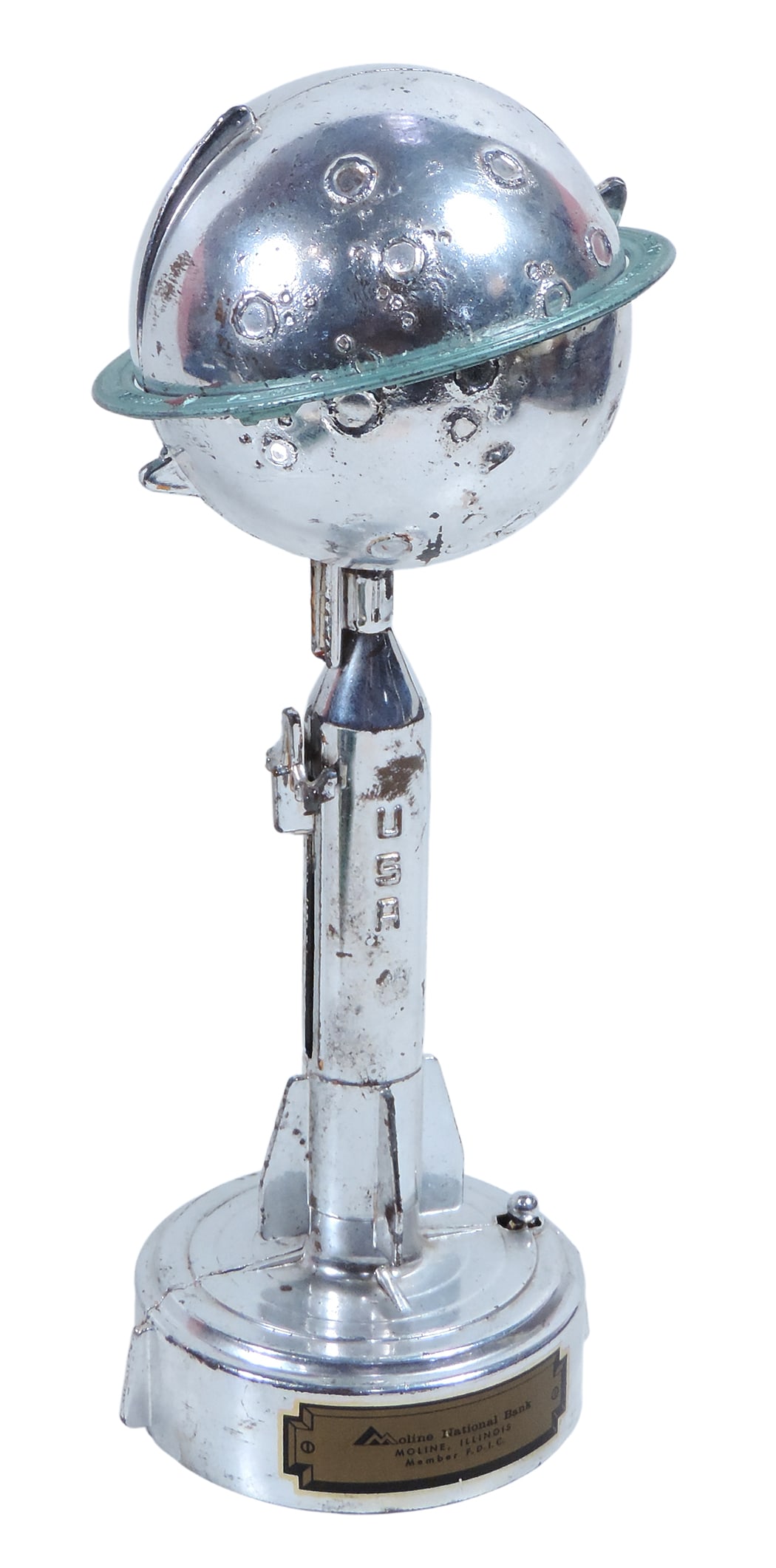 Advertising Rocket Bank, Duro Mold Destination Moon, spring-loaded mechanism (working), chrome-pl... - 2