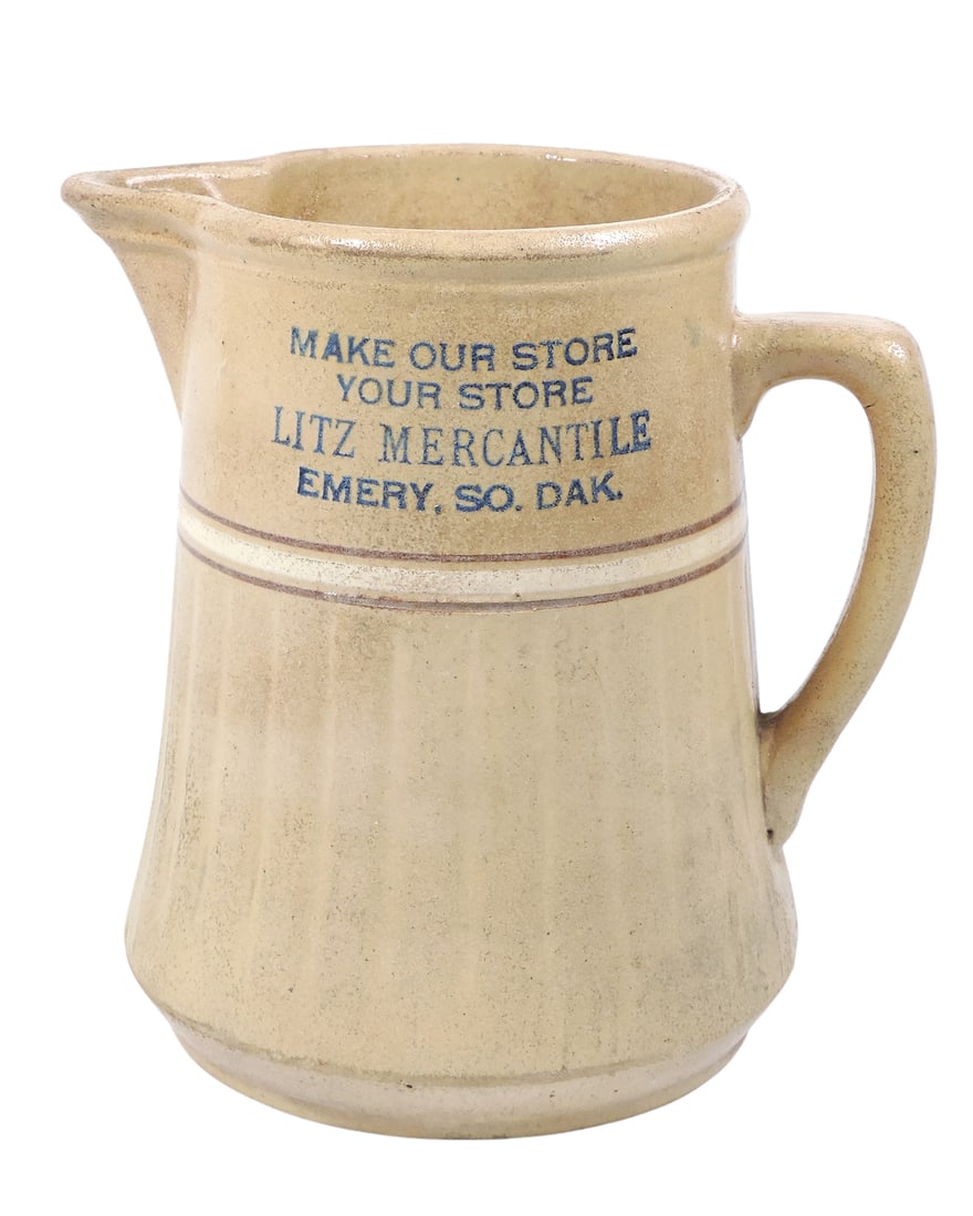 Red Wing Saffron Adv. Pitcher, Make Our Store Your Store-Litz Mercantile-Emery, So. Dak., Red Win...: Red Wing Saffron Adv. Pitcher, Make Our Store Your Store-Litz Mercantile-Emery, So. Dak., Red Wing Saffron Ware on bottom, c. early 1900s, Exc cond w/ a few tiny nicks on base rim, H 8 x D 6.25 in.