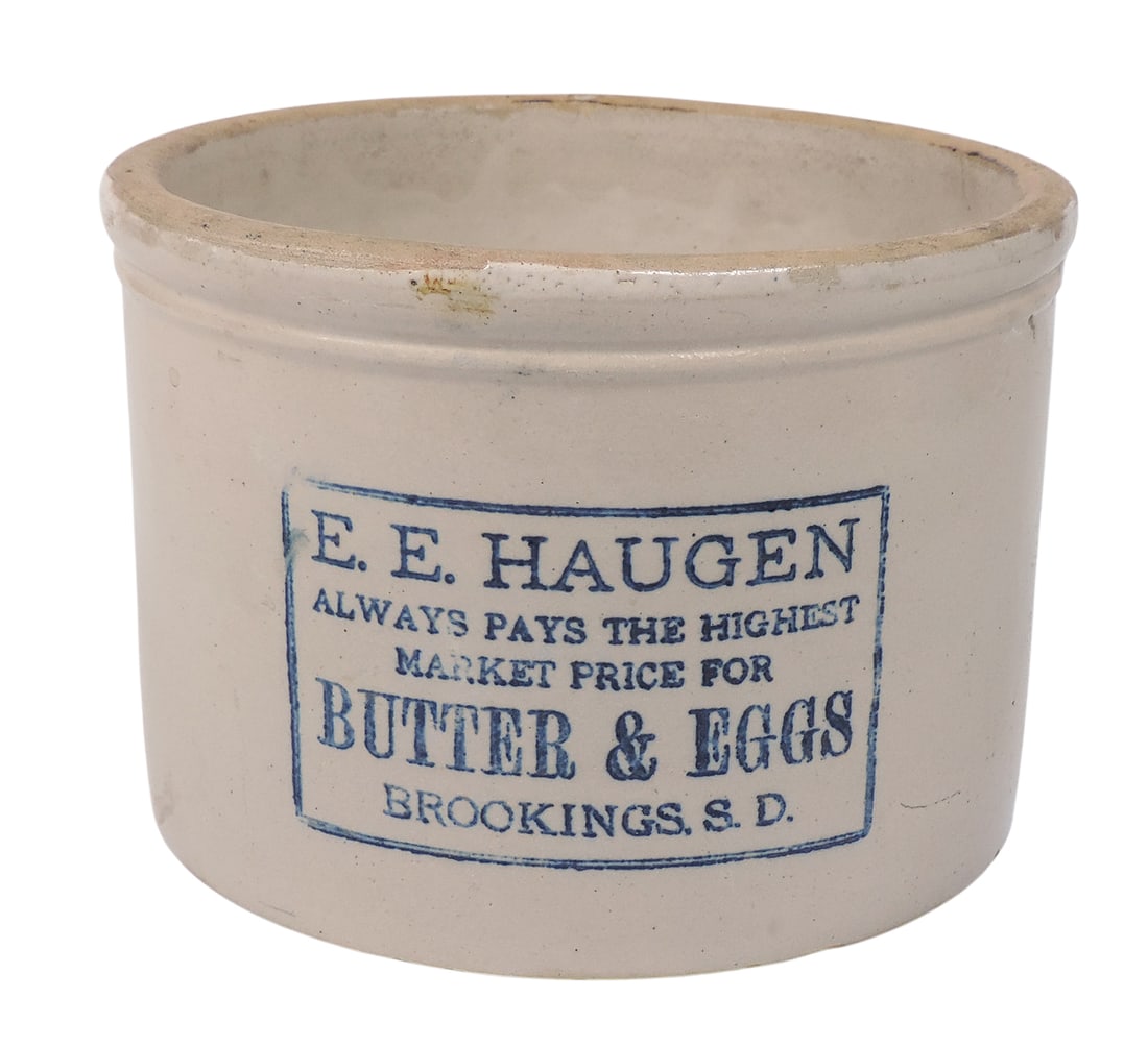 Advertising Butter Crock, E.E. Haugen Always Pays The Highest Market Price For Butter & Eggs-Broo...: Advertising Butter Crock, E.E. Haugen Always Pays The Highest Market Price For Butter & Eggs-Brookings, S.D., faint hairline crack right of stamp, small nicks on base, c. early 1900s, o/all Exc cond,