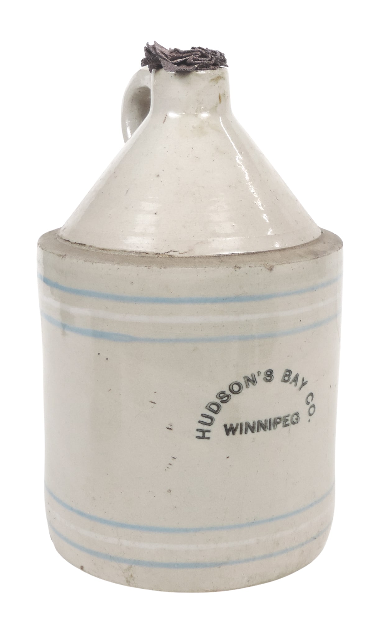 Advertising Stoneware Hudson's Bay Co. Jug, Hudson's Bay Co., Winnipeg, Four Winds Indian Tra...: Advertising Stoneware Hudson's Bay Co. Jug, Hudson's Bay Co., Winnipeg, Four Winds Indian Trading Post Certificate of Authenticity Tag, Four Winds Historic Village-St. Ignatius, Montana, small chips o