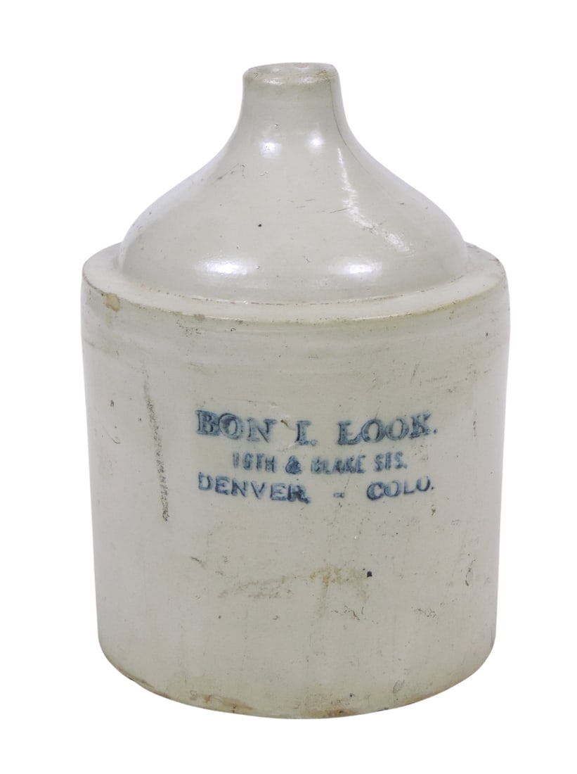 Advertising Stoneware Whiskey Jug, Bon I. Look-16th & Blake Sts.-Denver Colo., small chips on rim...: Advertising Stoneware Whiskey Jug, Bon I. Look-16th & Blake Sts.-Denver Colo., small chips on rim, base & handle, hairline cracks on top, pre-prohibition, c. late 1800s-early 1900's, o/all Good cond,