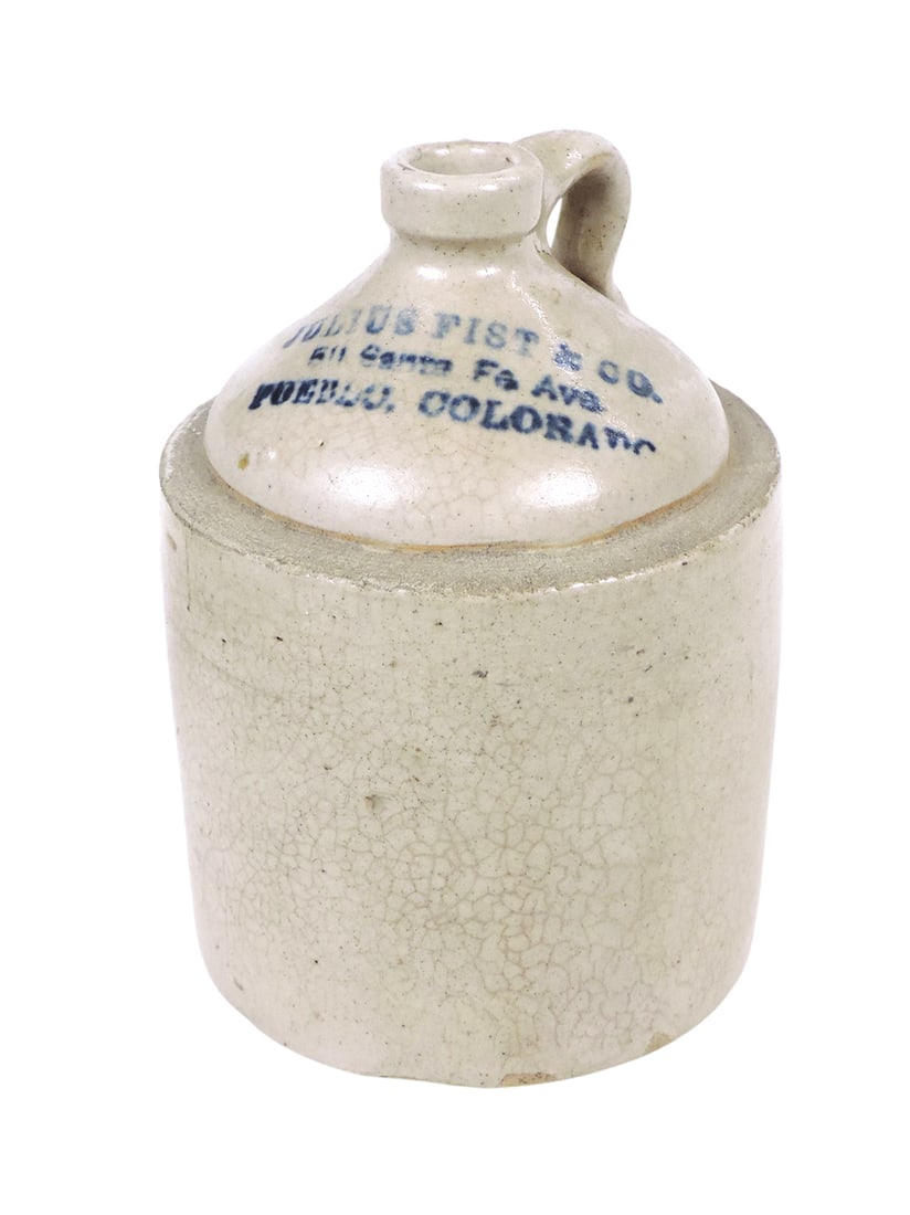 Advertising Stoneware Whiskey Jug, Julius Fist & Co.-511 Santa Fe Ave Pueblo, Colorado, small chips (1 of 3)
