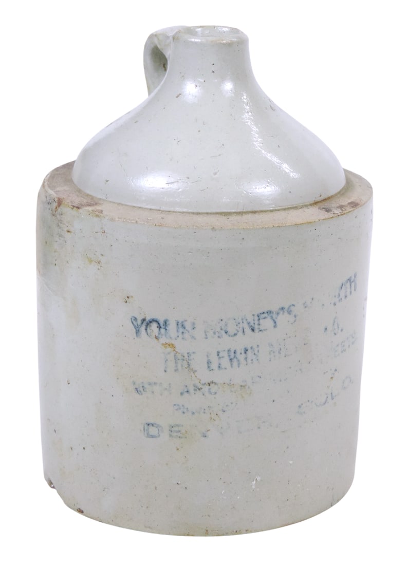 Advertising Stoneware Whiskey Jug, Your Moneyâ€™s Worth-The Lewin Merc Co.-16th and: Advertising Stoneware Whiskey Jug, Your Moneyâ€™s Worth-The Lewin Merc Co.-16th and Larimer Streets Denver Colo, small chips on rim & glazed-over factory defect on base (see photos fo