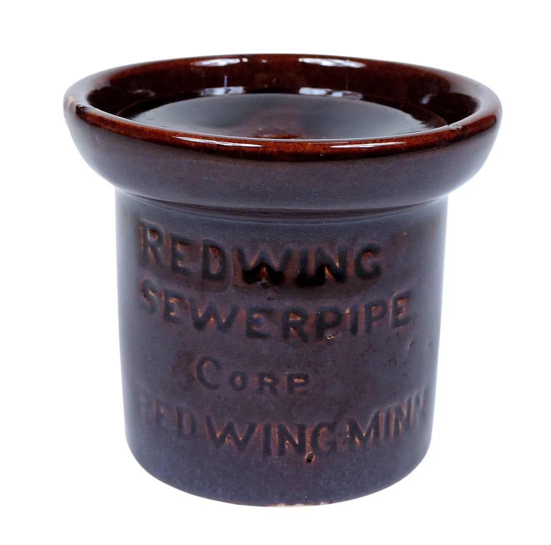 Red Wing Sewer Pipe Promotional Item, embossed Red Wing Sewer Pipe Corp. Red Wing, Minn., complet...: Red Wing Sewer Pipe Promotional Item, embossed Red Wing Sewer Pipe Corp. Red Wing, Minn., complete w/lid, small flake on bottom, c. mid 1900s, o/all Exc cond, H 3 x D 3.25 in. 