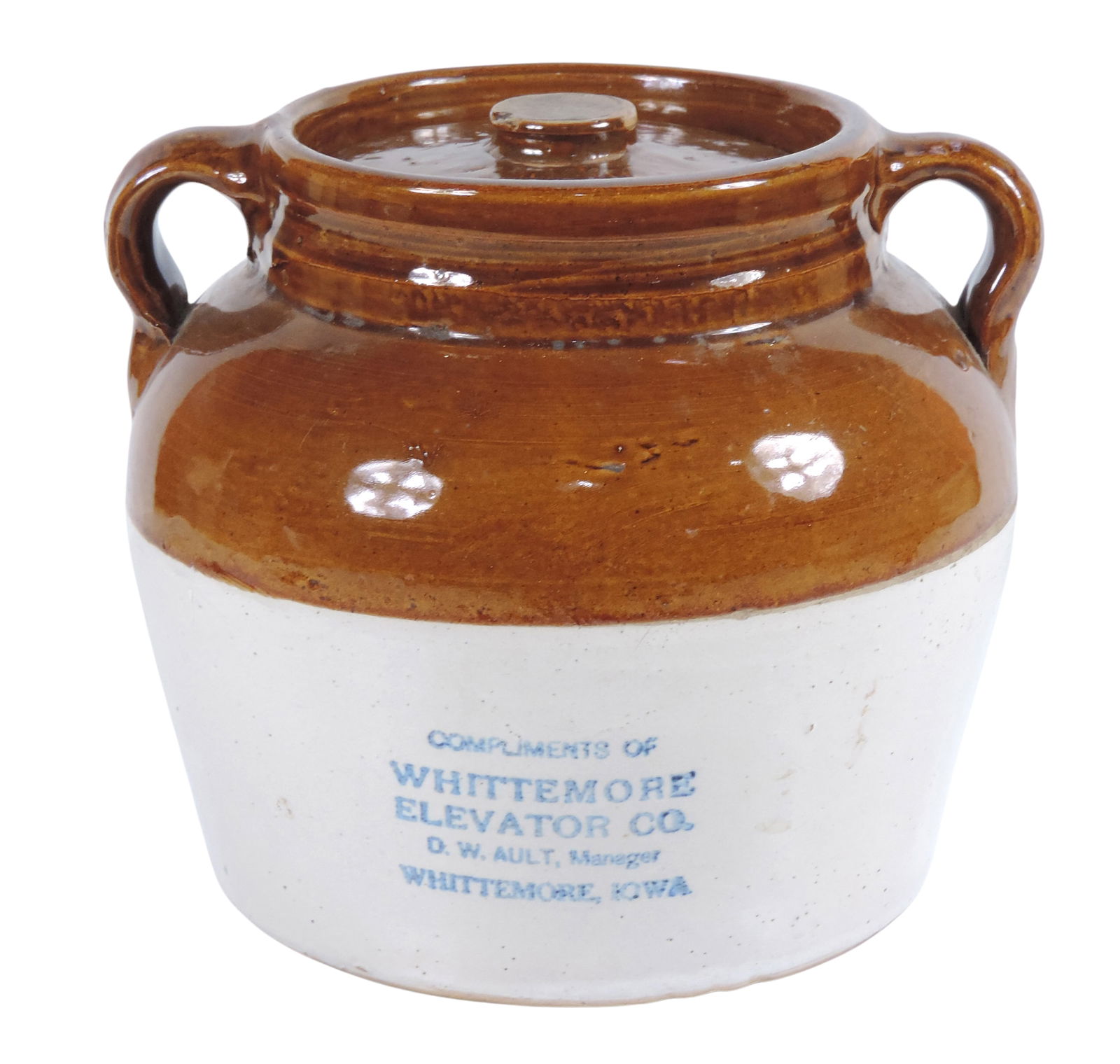 Red Wing Advertising Bean Pot w/Lid, stamped Compliments of Whittemore Elevator Co., D.W. Ault, M...: Red Wing Advertising Bean Pot w/Lid, stamped Compliments of Whittemore Elevator Co., D.W. Ault, Manager Whittemore, Iowa, c. earlier 1900s, Exc cond, H 7.5 x D (base) 7 in.