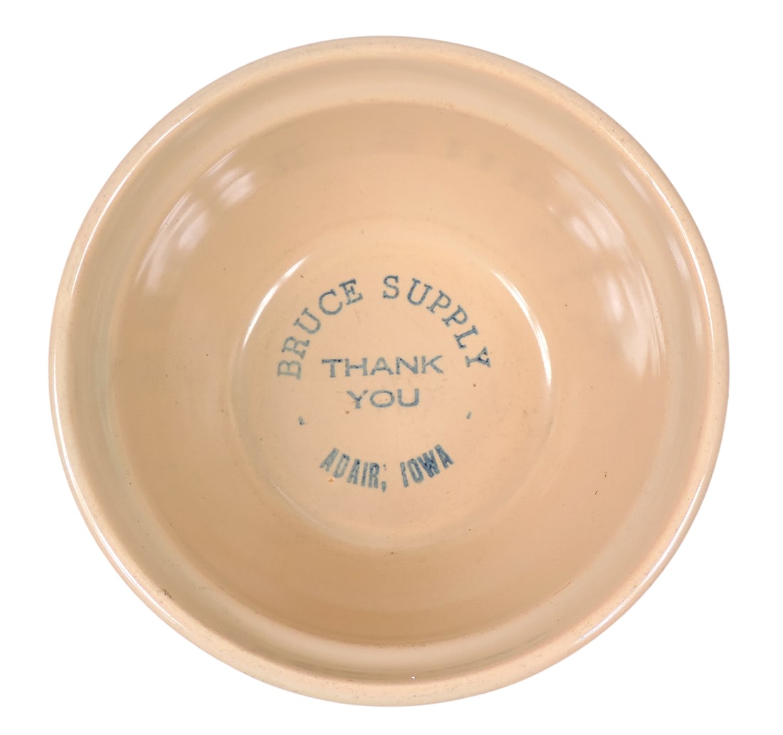 Advertising Mixing Bowl from Bruce Supply- Adair, Iowa, molded beehive yellow ware, earlier 1900s...: Advertising Mixing Bowl from Bruce Supply- Adair, Iowa, molded beehive yellow ware, earlier 1900s, Exc cond, H 3.75 x Dia 7 in. 