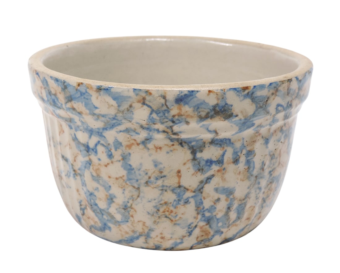 Red Wing Spongeware #5 Cap Bowl, Rare, molded ribbed/full panel design, blue/rust spongeware patt... (1 of 3)