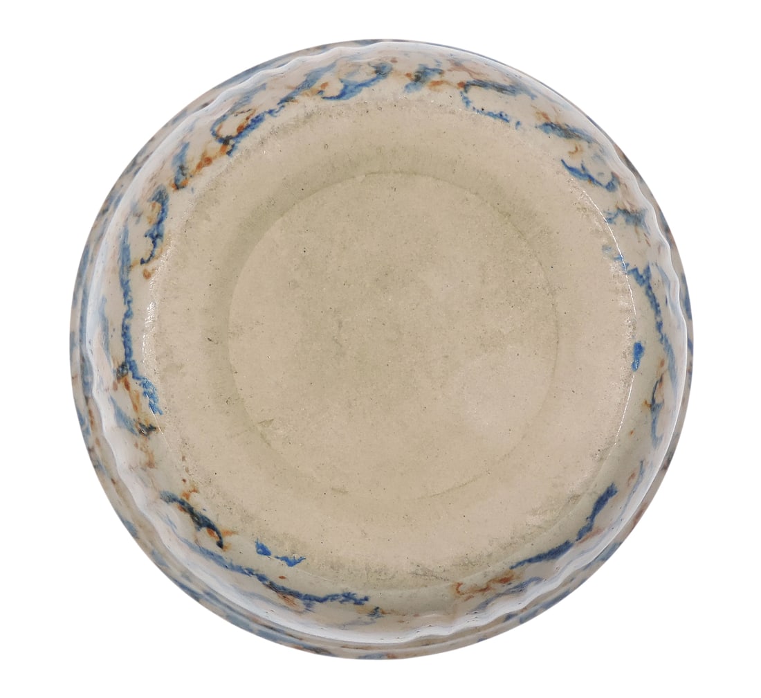 Red Wing Spongeware #5 Cap Bowl, Rare, molded ribbed/full panel design, blue/rust spongeware patt... - 3