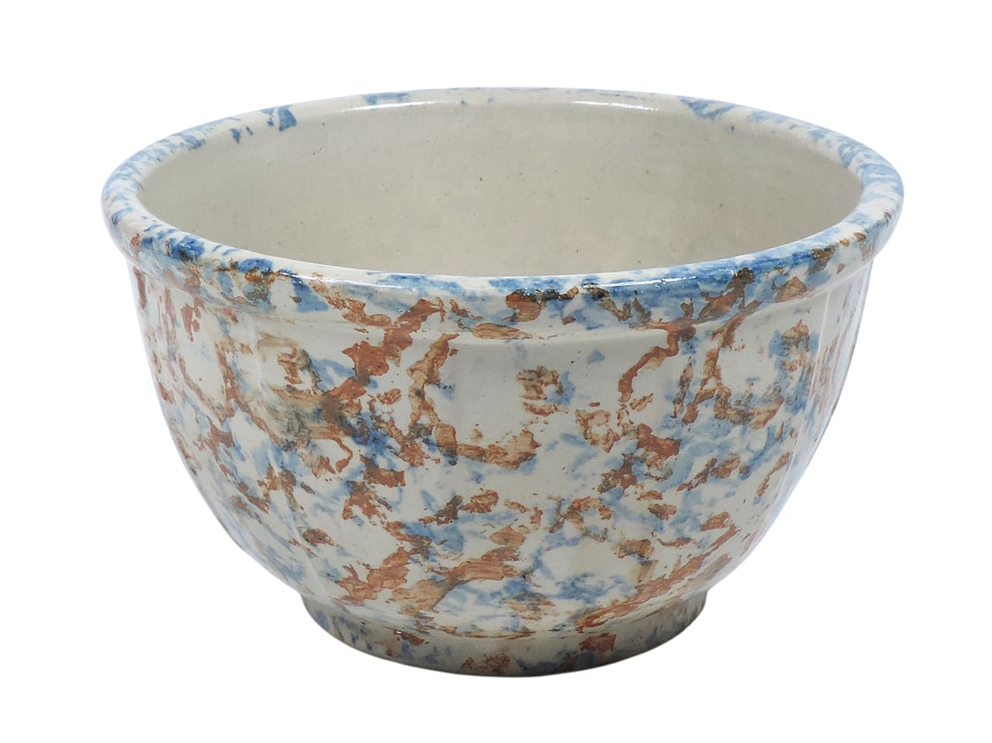 Red Wing Spongeware Cap Bowl, molded full panel design, blue/rust spongeware pattern, c. early 19... (1 of 3)