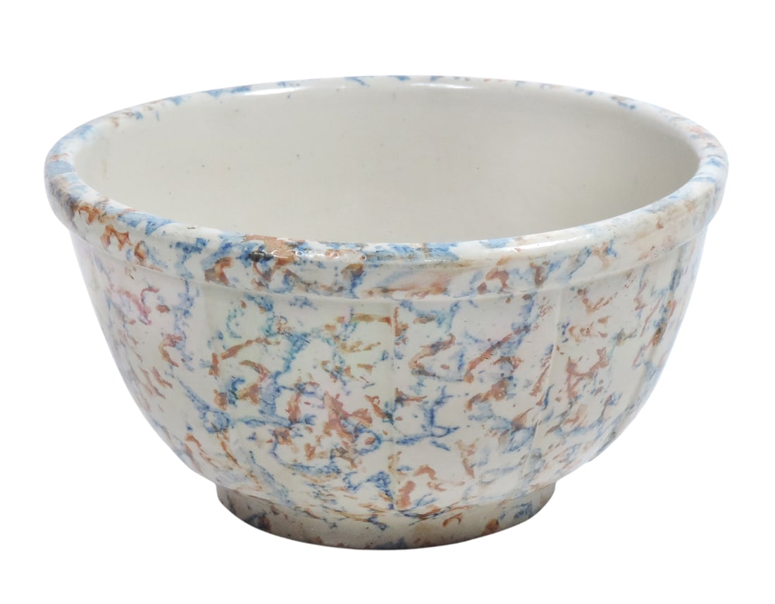 Red Wing Spongeware #10 Cap Bowl, molded full panel design, blue/rust spongeware pattern, impressed (1 of 3)