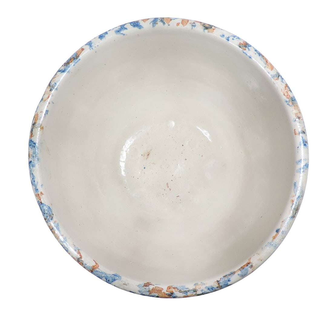 Red Wing Spongeware #10 Cap Bowl, molded full panel design, blue/rust spongeware pattern, impressed - 2