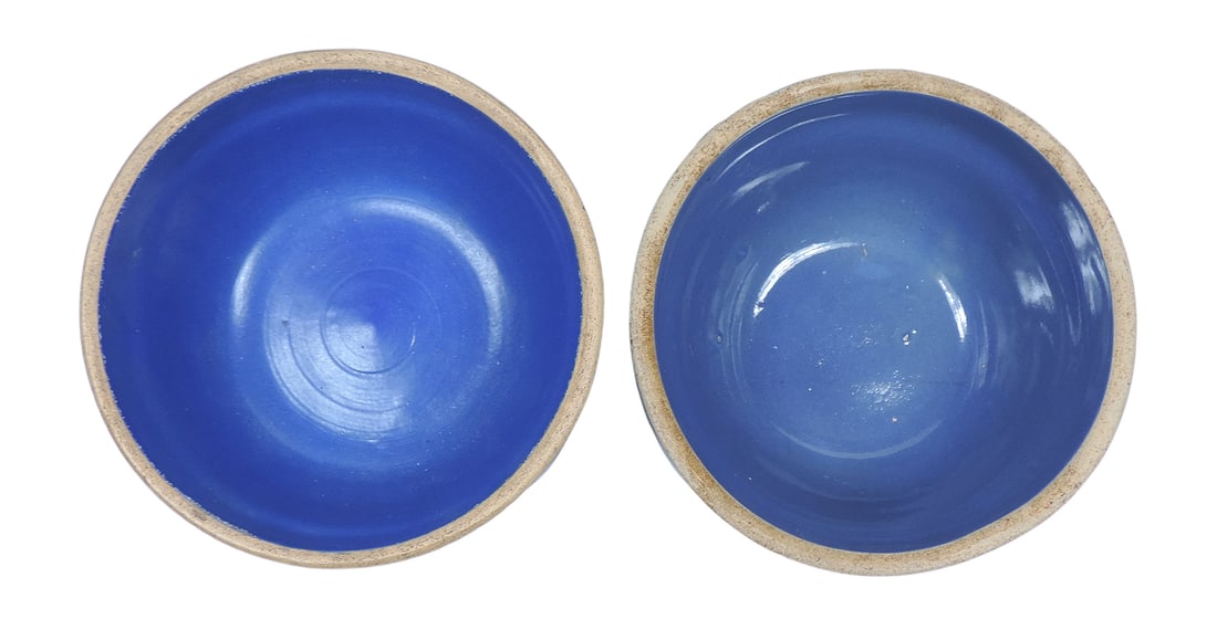 Stoneware Mixing Bowls (2), both Rare 5" size, blue w/beehive/ribbed design-possibly McCoy, embo... - 2